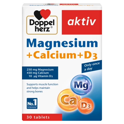 Illustration of the product packaging Doppelherz aktiv Magnesium + Calcium + D3 front view